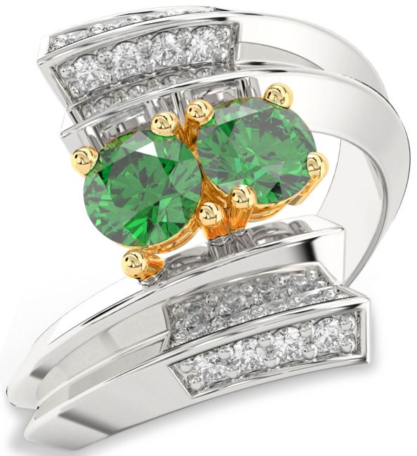 Diamond Emerald Gold Silver Round Two Stone Birthstone Ring
