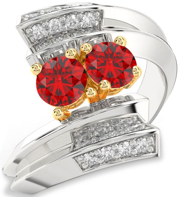 Diamond Ruby Gold Silver Round Two Stone Birthstone Ring