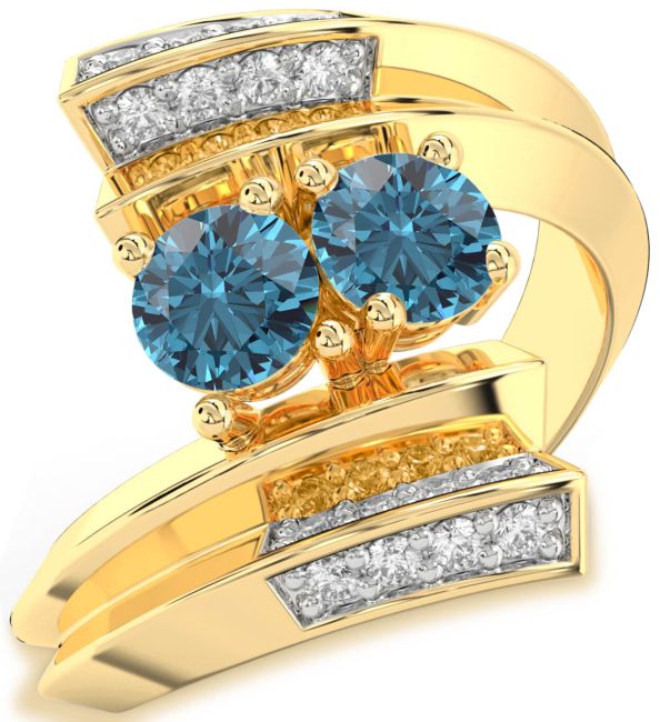 Blue Diamond Gold Silver Round Two Stone Ring