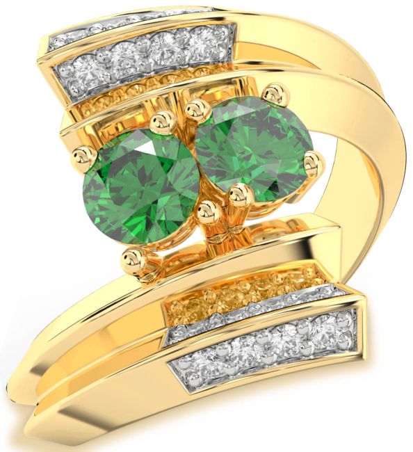 Diamond Emerald Gold Round Two Stone Birthstone Ring