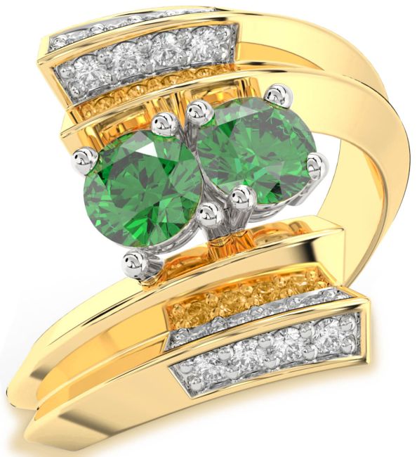 Diamond Emerald Gold Silver Round Two Stone Birthstone Ring