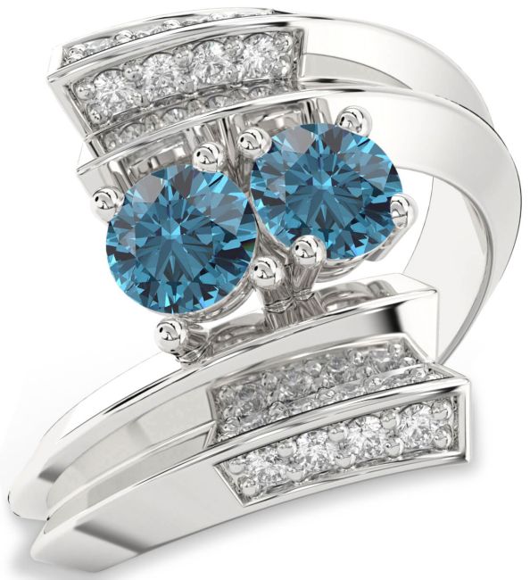 Blue Diamond Platinum Round Two Stone Ring