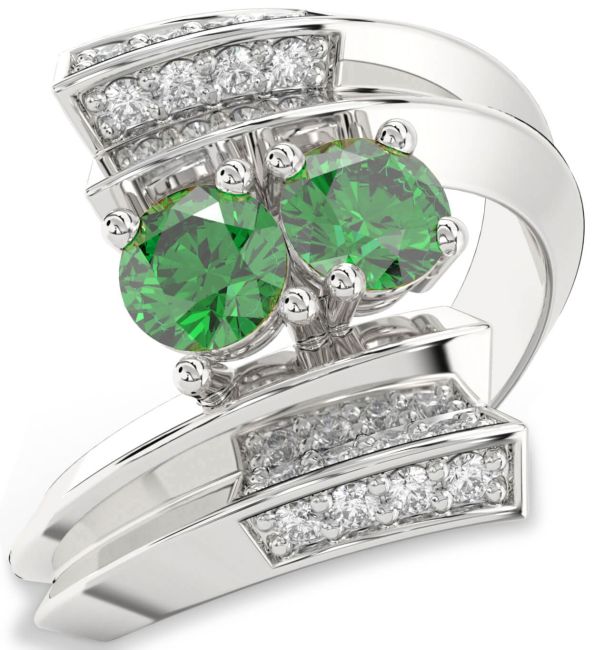 Diamond Emerald Silver Round Two Stone Birthstone Ring