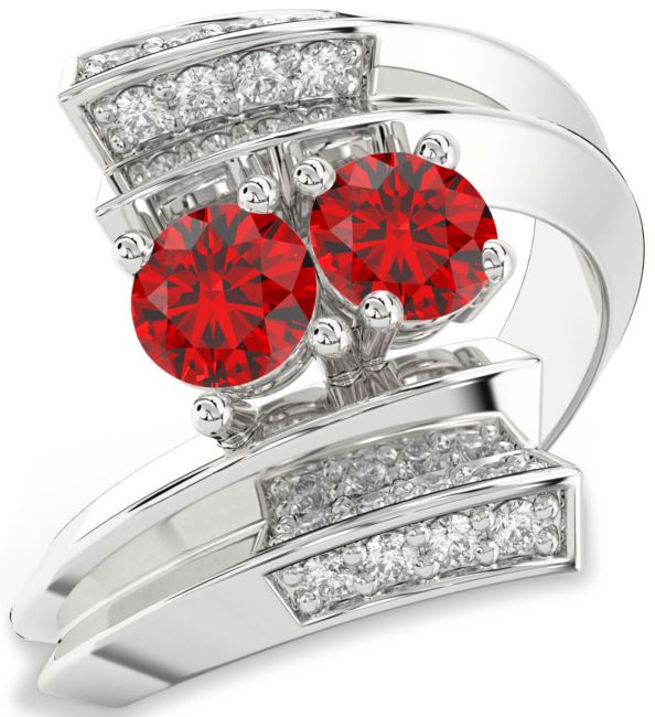 Diamond Ruby Silver Round Two Stone Birthstone Ring