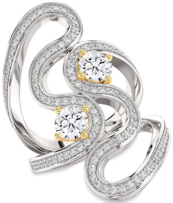 Diamond White Yellow Gold Round Two Stone Pave Ring