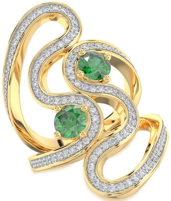 Diamond Emerald Gold Round Two Stone Pave Birthstone Ring