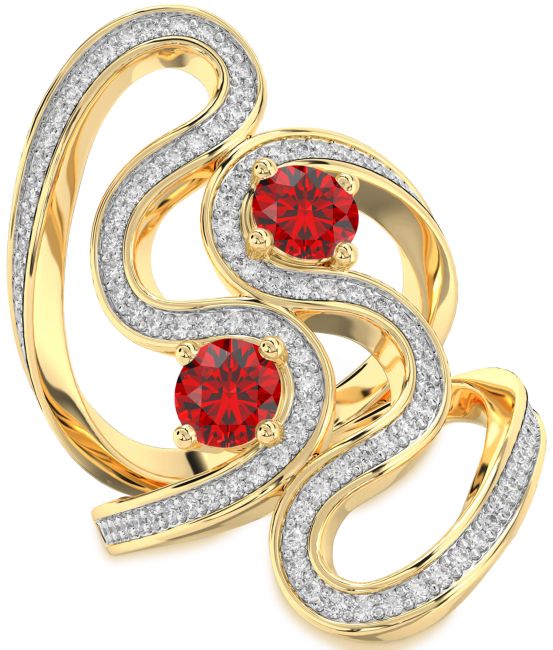 Diamond Ruby Gold Round Two Stone Pave Birthstone Ring