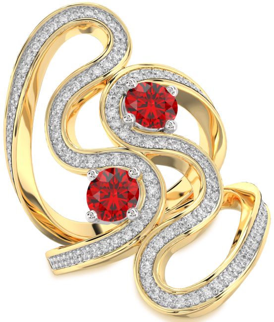 Diamond Ruby Gold Silver Round Two Stone Pave Birthstone Ring