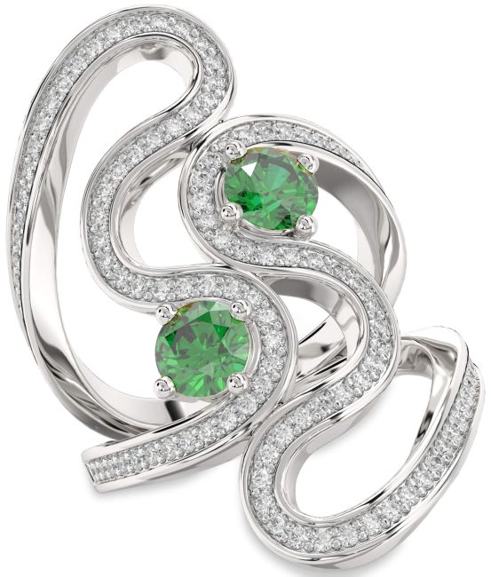 Diamond Emerald Silver Round Two Stone Pave Birthstone Ring
