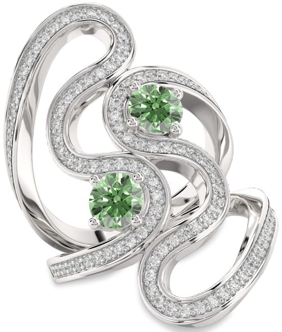 Green Diamond Silver Round Two Stone Pave Ring