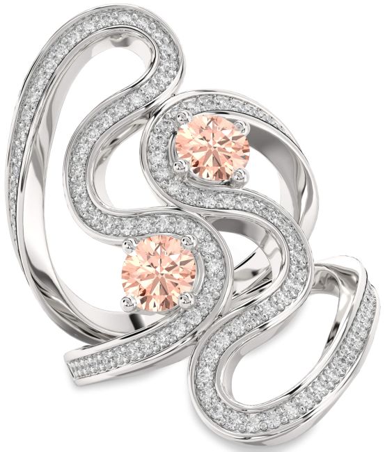 Diamond Morganite Silver Round Two Stone Pave Ring
