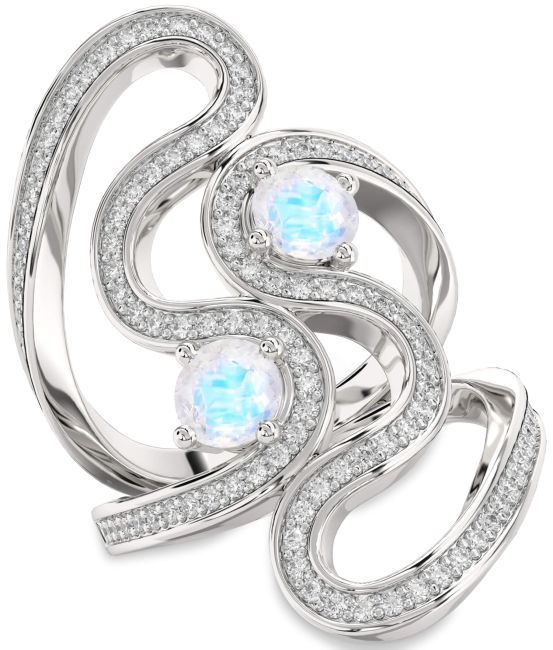 Diamond Moonstone Silver Round Two Stone Pave Ring