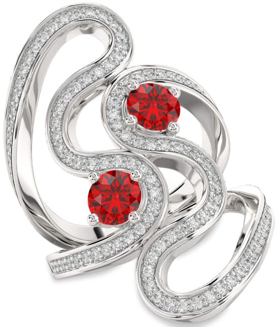 Diamond Ruby Silver Round Two Stone Pave Birthstone Ring