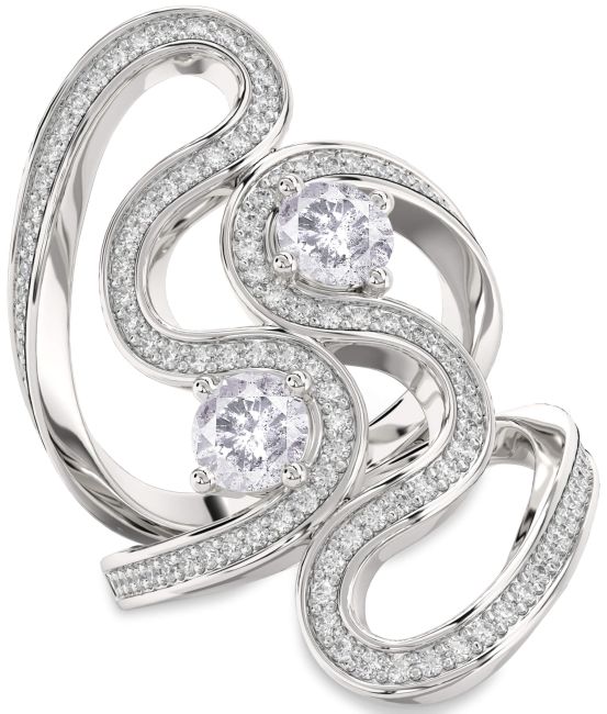 Salt & Pepper Diamond Silver Round Two Stone Pave Ring