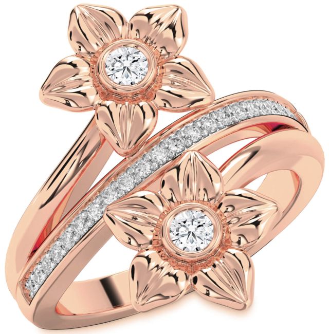 Diamond Rose Gold Silver Flower Round Two Stone Ring