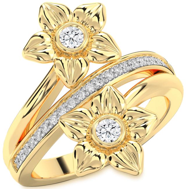 Diamond Gold Silver Flower Round Two Stone Ring