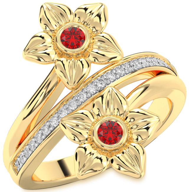 Diamond Ruby Gold Silver Flower Round Two Stone Birthstone Ring