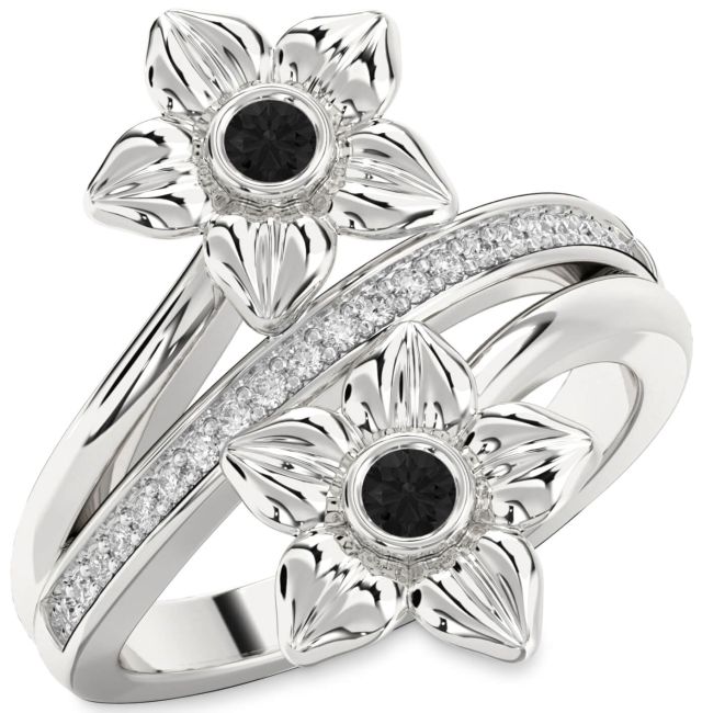 Black Diamond Silver Flower Round Two Stone Ring