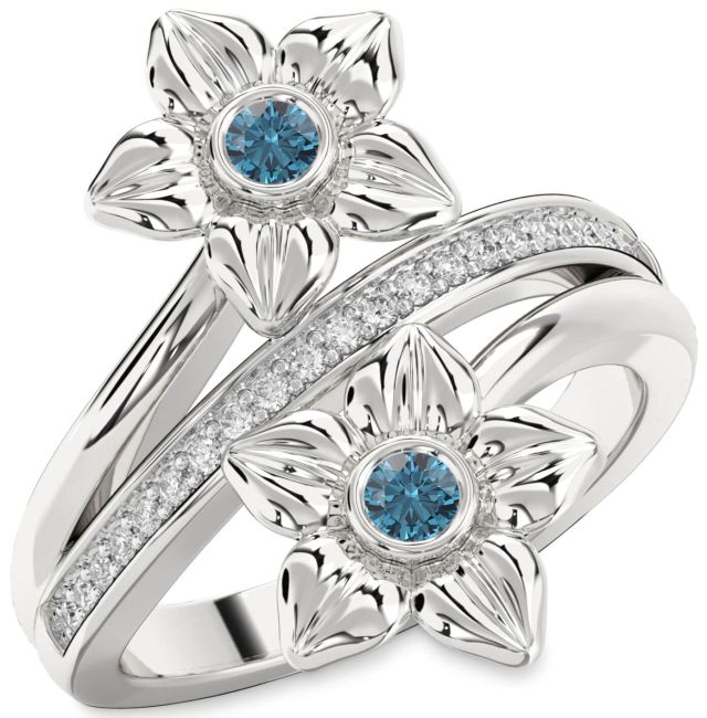 Blue Diamond Silver Flower Round Two Stone Ring