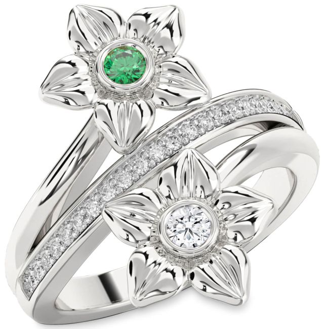 Diamond Silver Flower Round Two Stone Promise Ring