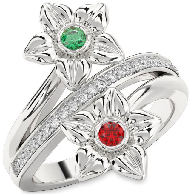 Diamond Silver Flower Round Two Stone Promise Ring