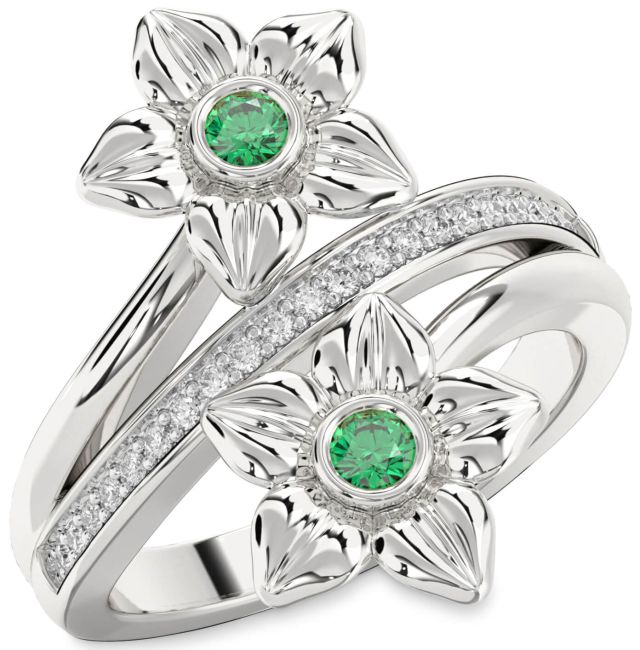 Diamond Emerald Silver Flower Round Two Stone Birthstone Ring
