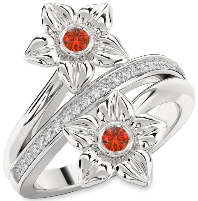 Diamond Fire Opal Silver Flower Round Two Stone Ring