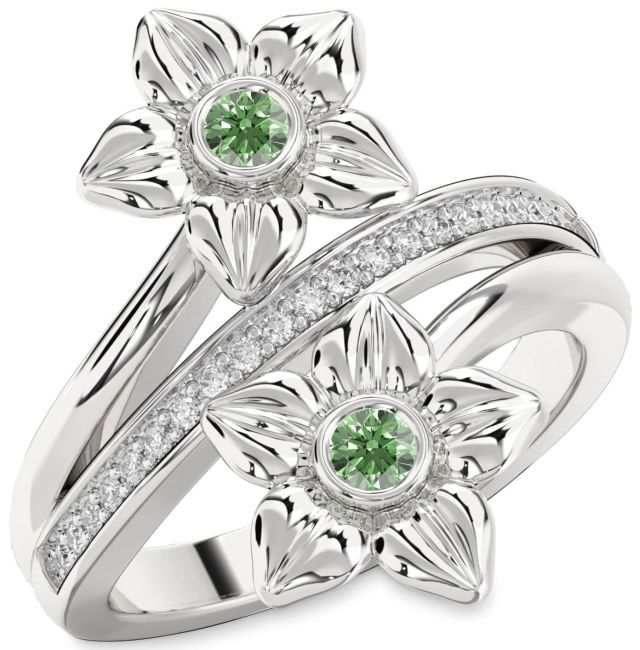 Green Diamond Silver Flower Round Two Stone Ring