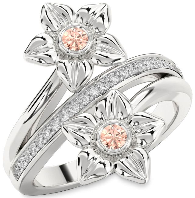 Diamond Morganite Silver Flower Round Two Stone Ring