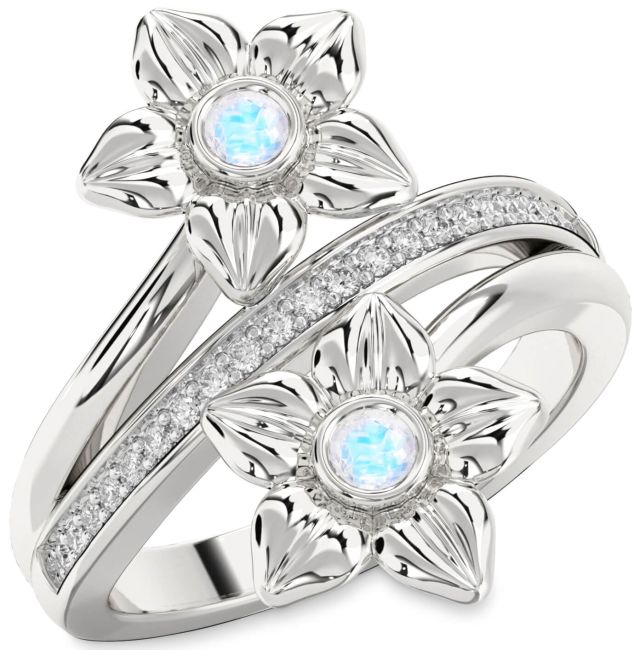Diamond Moonstone Silver Flower Round Two Stone Ring