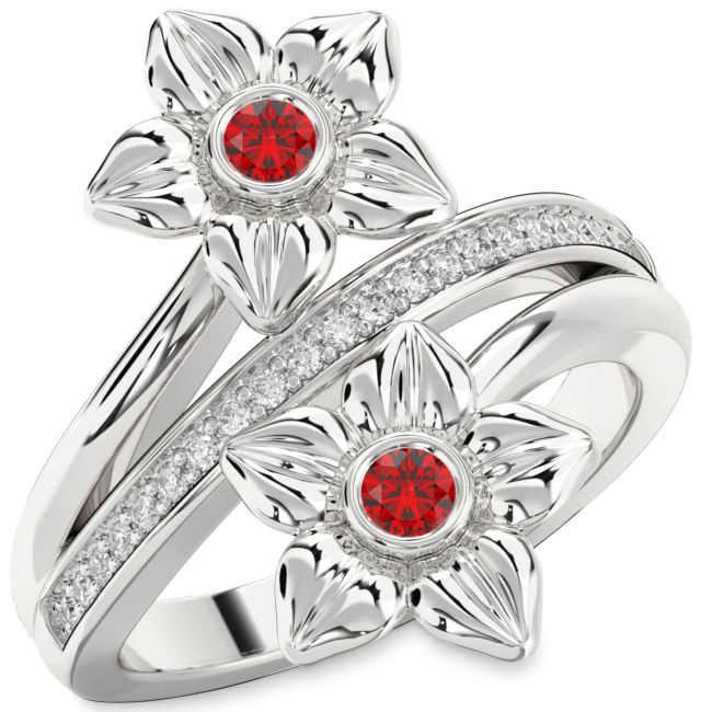 Diamond Ruby Silver Flower Round Two Stone Birthstone Ring