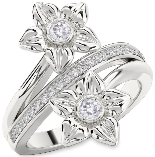 Salt & Pepper Diamond Silver Flower Round Two Stone Ring