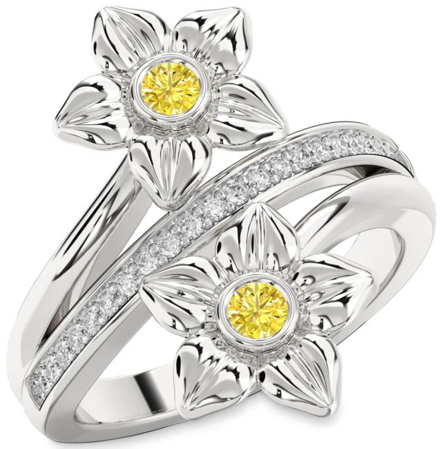 Yellow Diamond Silver Flower Round Two Stone Ring