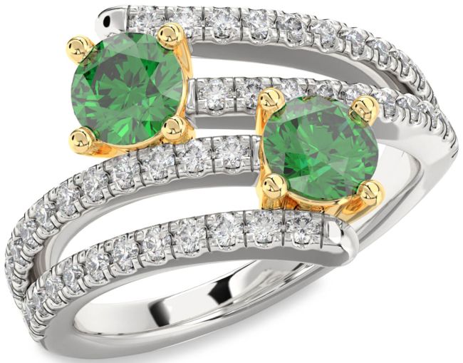 Diamond Emerald Gold Silver Round Two Stone Birthstone Ring
