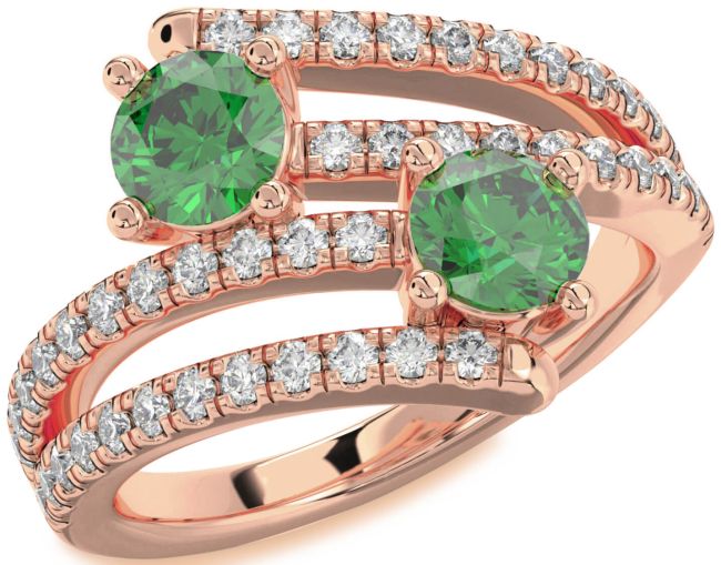 Diamond Emerald Rose Gold Round Two Stone Birthstone Ring