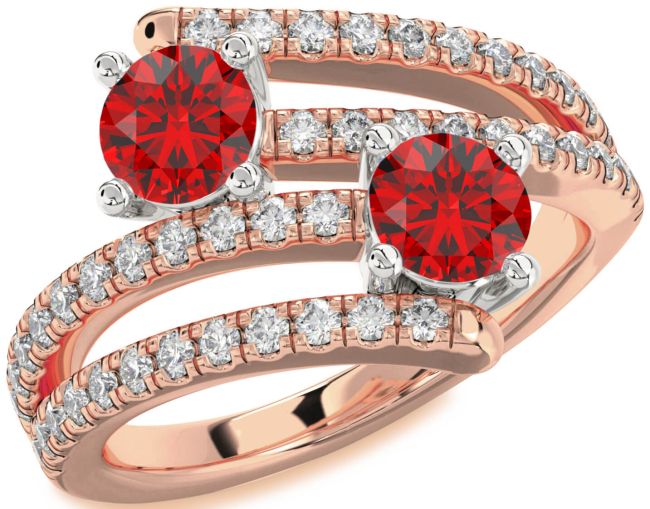 Diamond Ruby Rose Gold Silver Round Two Stone Birthstone Ring