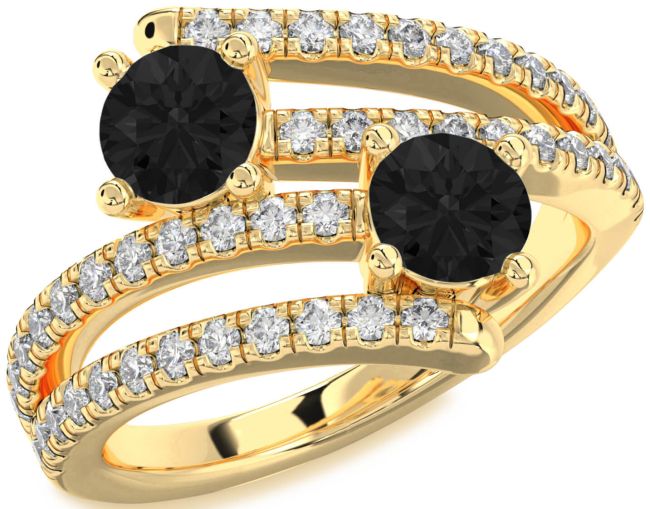 Black Diamond Gold Silver Round Two Stone Ring