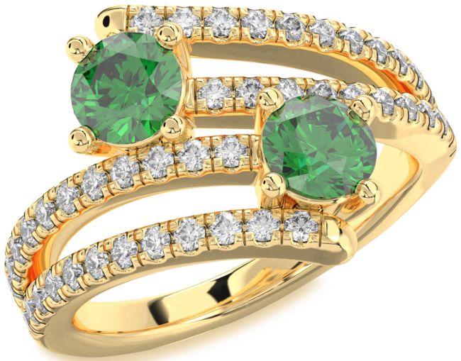 Diamond Emerald Gold Round Two Stone Birthstone Ring