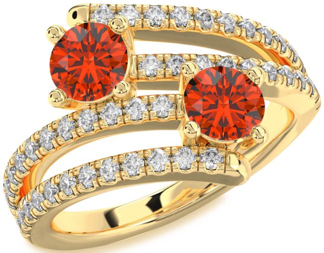 Diamond Fire Opal Gold Silver Round Two Stone Ring