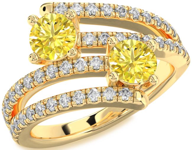 Yellow Diamond Gold Silver Round Two Stone Ring