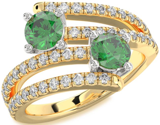 Diamond Emerald Gold Silver Round Two Stone Birthstone Ring