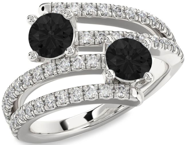 Black Diamond Silver Round Two Stone Ring