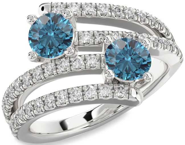 Blue Diamond Silver Round Two Stone Ring