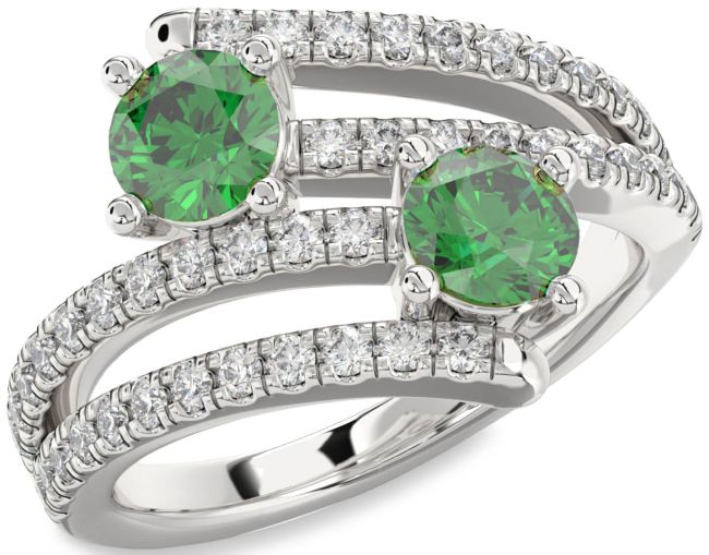 Diamond Emerald Silver Round Two Stone Birthstone Ring