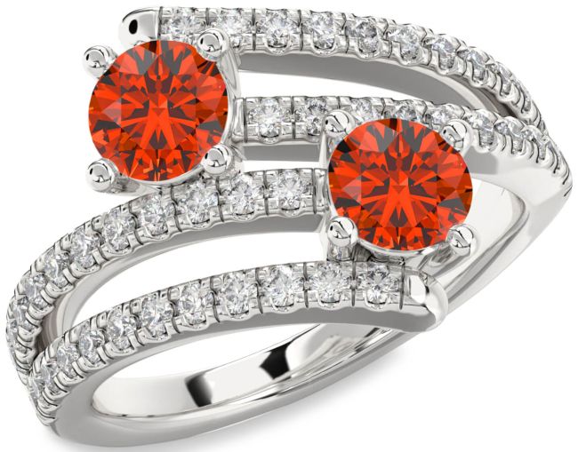 Diamond Fire Opal Silver Round Two Stone Ring