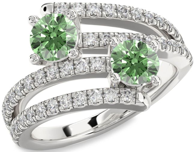 Green Diamond Silver Round Two Stone Ring