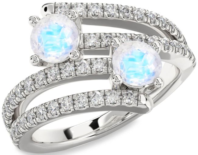 Diamond Moonstone Silver Round Two Stone Ring