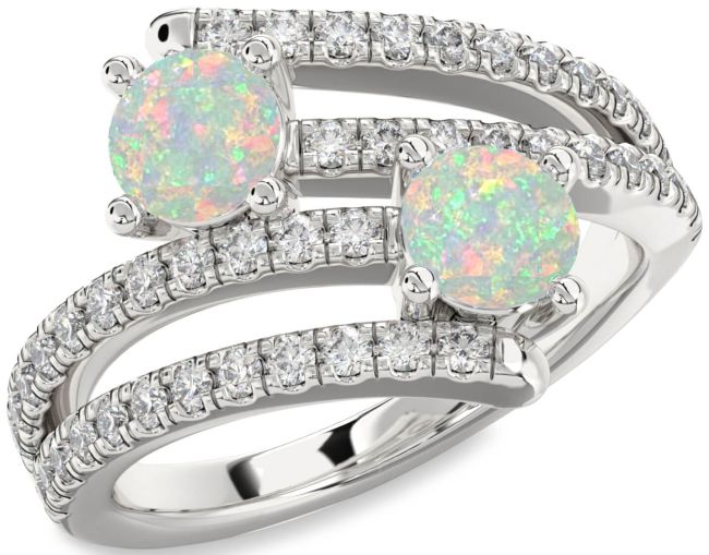 Diamond Opal Silver Round Two Stone Birthstone Ring