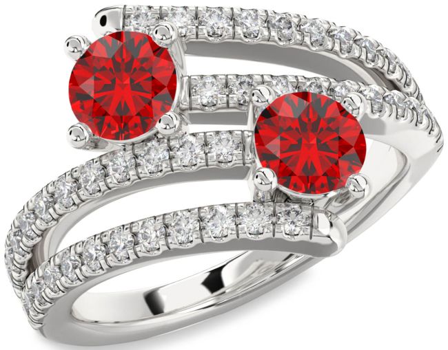 Diamond Ruby Silver Round Two Stone Birthstone Ring
