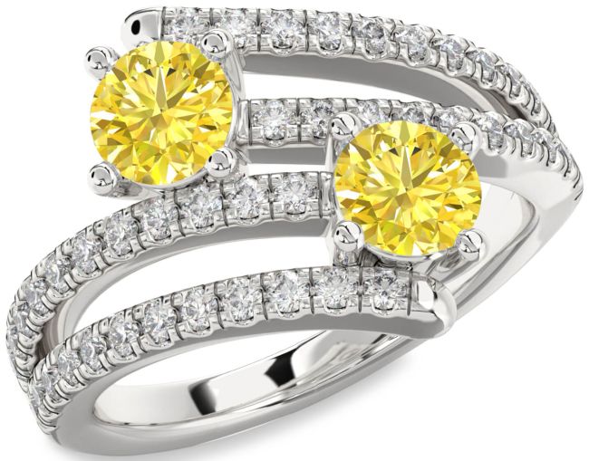 Yellow Diamond Silver Round Two Stone Ring